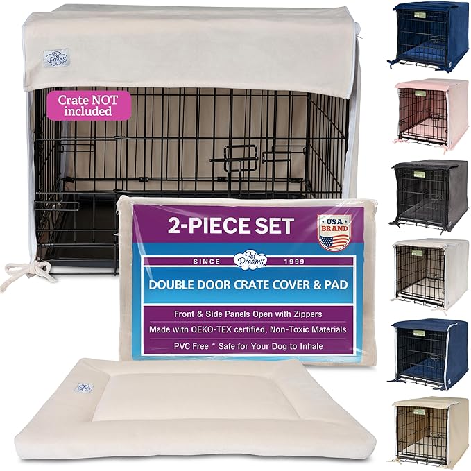 Pet Dreams Dog Crate Cover & Mat- Breathable Non-Toxic Kennel Topper for Double-Door Crates, Fits iCrate Dog Cages 18, 24, 30, 36, 42, 48 Inches (Ivory, Large, 36โ)