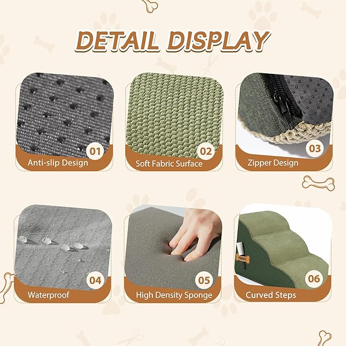 Romrol Dog Stairs Ramp for Beds Couches, Extra Wide Pet Steps with Durable Non-Slip Waterproof Fabric Cover, Pets Slope Stairs, 3-Tiers,Green