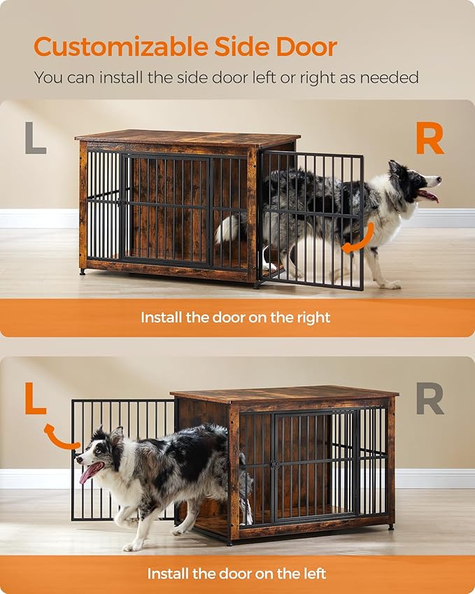 Feandrea Dog Crate Furniture, 38.6" Side End Table, Modern Kennel for Dogs Indoor up to 70 lb, Heavy-Duty Dog Cage with Enclosed Base, Double-Door Dog House, Rustic Brown UPFC023X01