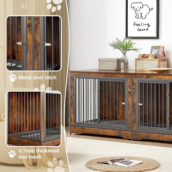 Rovibek 75'' Double Dog Crate Furniture for 2 Large Dogs, Heavy Duty Furniture Style Dog Kennel End Table, Wood Crates for Dogs Kennel Indoor Double Door, Brown