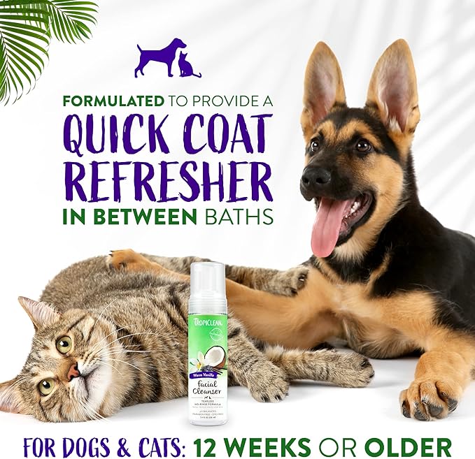 TropiClean Warm Vanilla Waterless Facial Cleanser for Dogs | Dog Foam Face Wash | Dog Face Wash Derived from Natural Ingredients | Cat Friendly | Made in the USA | 7.4 oz.