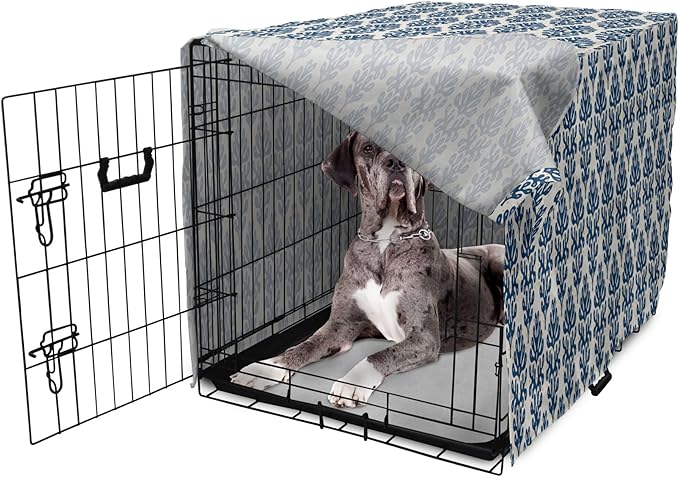 Lunarable Contemporary Blue Dog Crate Cover, Abstract Coral Inspired Motifs with Dots Around, Easy to Use Pet Kennel Cover for Medium Large Dogs, 48 Inch, Pale Eggshell Night Blue