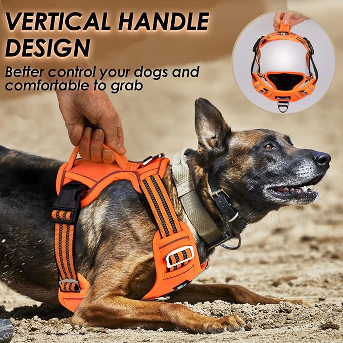 Lukovee No Pull Dog Harness, No Choke Adjustable Dog Harness with 2 Leash Clips and Easy Control Vertical Handle, Soft Padded Dog Vest for Medium and Large Dogs (Medium, Orange)