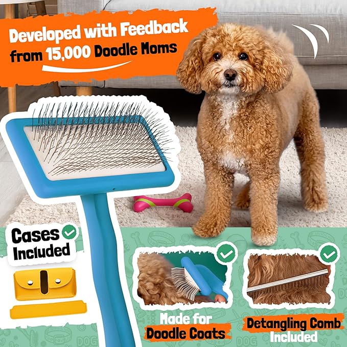 Slicker Brush for Dogs - Doodle Brush - Goldendoodles Labradoodles Bernedoodles - Goldendoodle Must Haves - Poodle Comb and Cases Included - Medium - Teal