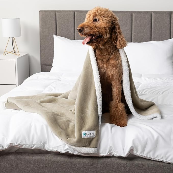 PetAmi WATERPROOF Dog Blanket For Bed, XL Dog Pet Blanket Couch Cover Protection, Sherpa Fleece Leakproof Bed Blanket Throw for Crate Kennel Sofa Furniture Protector, Reversible Soft Plush 80x60 Taupe