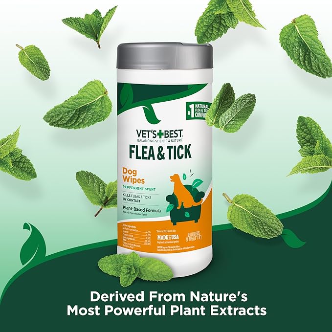 Vet's Best Flea and Tick Wipes for Dogs, Dog Wipes for Kennel, Flea and Tick Prevention, Plant-Based Formula, Pet Essentials, Made in USA, Certified Natural Oils, 50 ct