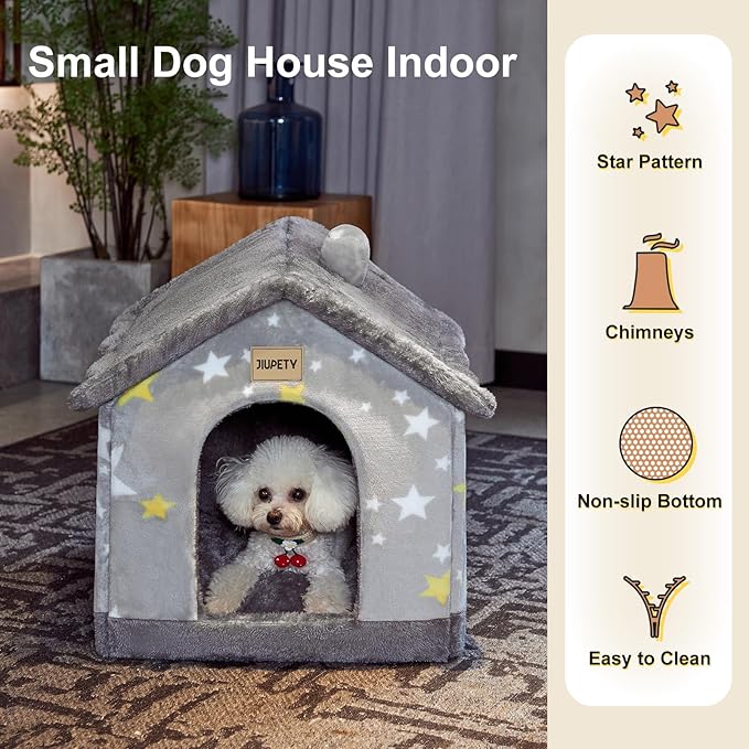 JIUPETY Cute Indoor Dog Houses, Dog Bed with Cover Cave, M Size Up to 15 Lbs Cat and Puppy, Igloo Pet House with Non-Slip Bottom, Grey