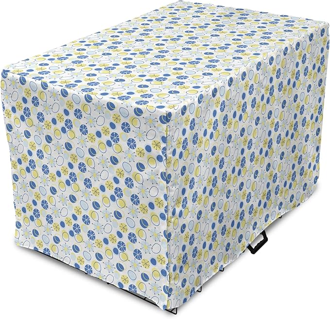 Lunarable Yellow and Blue Dog Crate Cover, Random Doodle Circles Abstract Floral Pattern, Easy to Use Pet Kennel Cover for Small Dogs Puppies Kittens, 22 Inch, Pale Yellow Pale Blue