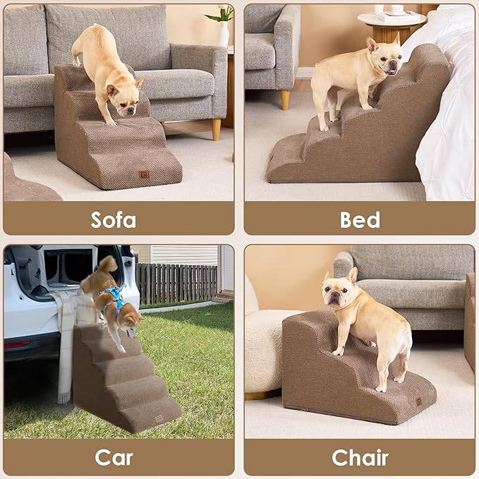 EHEYCIGA Curved Dog Stairs Ramp for Small Dogs 15.7" H, 3-Step Dog Steps for Couch Sofa and Chair, Pet Stairs for Cats, Non-Slip Balanced Pet Steps Indoor, Camel