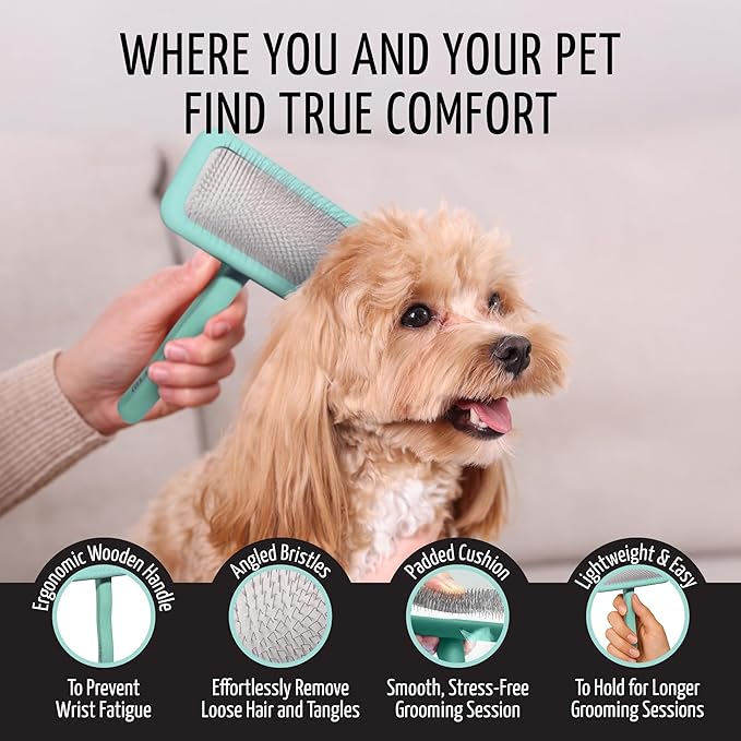 Tauro Pro Line Wooden Deshedding Dog Brush for Long Goldendoodle, Labradoodle & Poodle Hair - Mint Slicker Brush for Dog & Cat Grooming - Rectangular Flexible Cushion & Non-Slip Grip, L