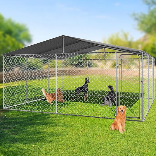 Rovibek 15'×15' Extra Large Outdoor Dog Kennel for Yard, Dog Kennel Outside with Roof, Dog Kennels Outdoor with Waterproof Sunproof Cover