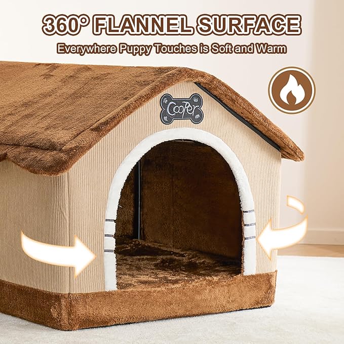 Jiupety Indoor Dog House with Frame, Large Dog Cave Bed, Insulated Cozy, Suitable for 15-30 lb, Large (20"×18"×18"), Brown