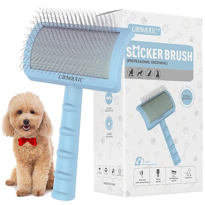 Slicker Brush for Poodles and Goldendoodles - Curved Brush for Thick, Fluffy, Shedding Fur on Dogs and Cats - Soft, Gentle Pins for Grooming (Blue)