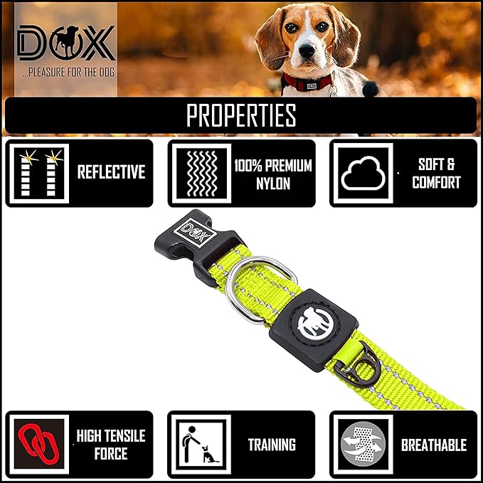 DDOXX Reflective Nylon Dog Collar - Strong and Adjustable Collars Dogs - S (Yellow)