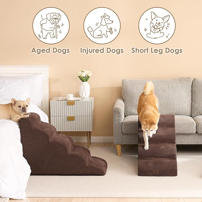 EHEYCIGA Curved Dog Stairs Ramp for High Beds 19.7" H, 4-Step Dog Steps for Small Dogs and Cats, Pet Stairs for High Bed Climbing, Non-Slip Balanced Pet Step Indoor, Brown