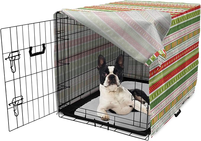 Ambesonne Christmas Dog Crate Cover, Traditional Winter Seasonal Borders Stars Bells Trees Stripes Print, Easy to Use Pet Kennel Cover for Small Dogs Puppies Kittens, 18 Inch, Lime Green