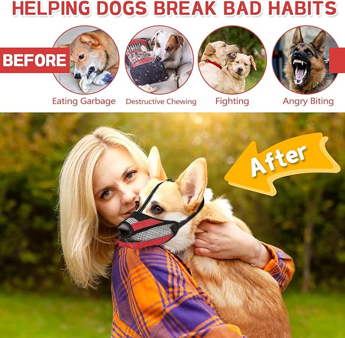 Dog Muzzle for Large Medium Small Dogs, Soft Mesh Muzzle for Dogs with Reflective Adjustable Strap, Prevent Biting Chewing and Licking, Dog Nose Open Design for Reduction Friction (Red, XL)