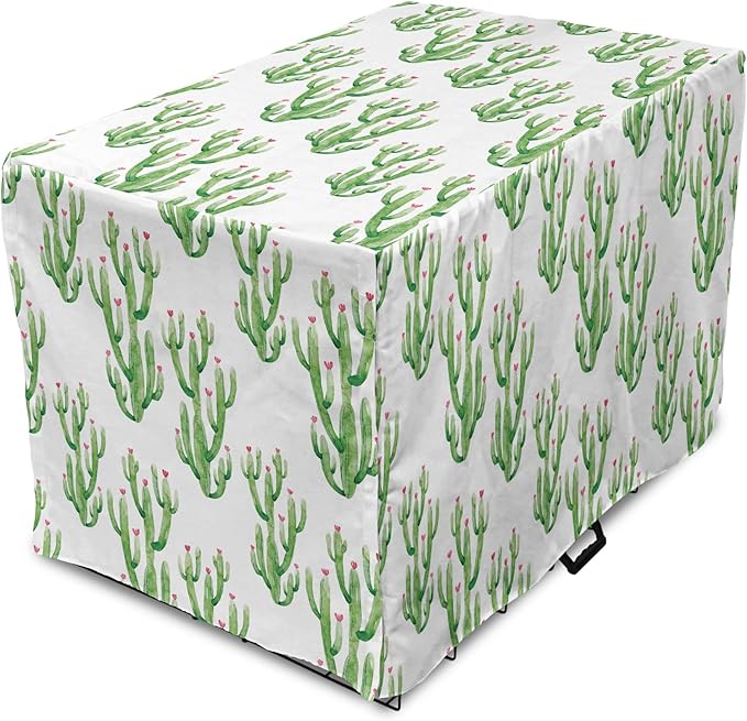 Ambesonne Watercolor Flowers Dog Crate Cover, Cactus Plants Exotic Climate Botanical Branches Mother Nature, Easy to Use Pet Kennel Cover for Cats & Medium Dogs, 30 Inch, Fern Green
