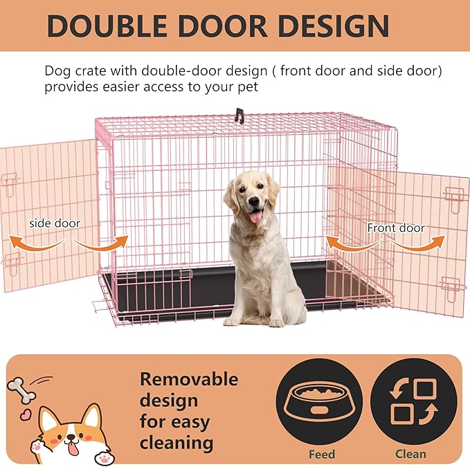 FDW Dog Crate for Large Dogs 42 Inch Folding Metal WirePet Cage Double Door W/Divider Panel Indoor Outdoor Kennel Leak-Proof Plastic Tray,Pink