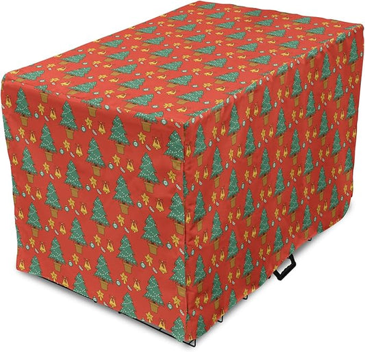 Lunarable Christmas Dog Crate Cover, Baubles Jingle Bells Pine Trees Motifs Colorful Composition Print, Easy to Use Pet Kennel Cover for Small Dogs Puppies Kittens, 18 Inch, Vermilion Multicolor
