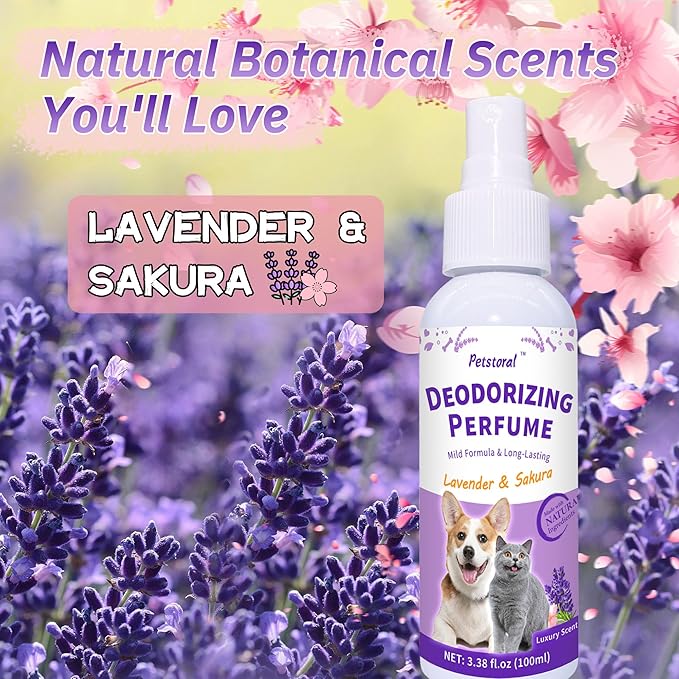 Deodorizing Perfume Spray for Pets, luxury Scent, Long-Lasting Fragrance, 3.38 Fl Oz. (Lavender & Sakaru)