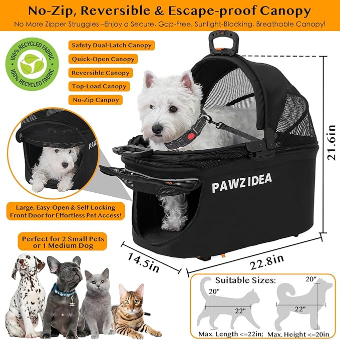 PAWZIDEA Portable Small Dog Crate for Car Travel, Enclosed Pet Car Seats for Small/Medium Dogs & Cats, Reversible No-Zip Canopy, Soft-Sided Pet Carrier Cage, Collapsible Travel Dog Kennel, Chew-Proof