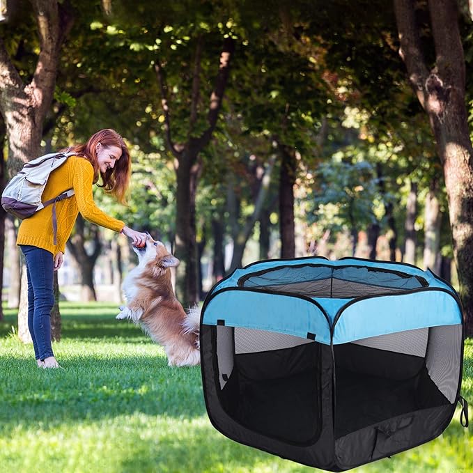 Portable Dog Playpen Cat Tent,Pop Up Playpen for Small Middle Dogs Cats Pet Tent Playground,Indoor Outdoor,37x37x24,Blue/Black,1Pack
