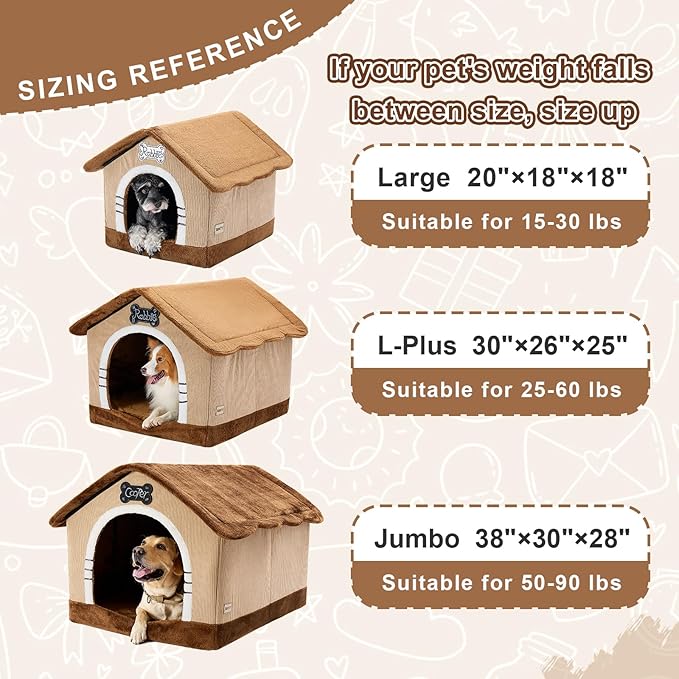Jiupety Indoor Dog House with Frame, Large Dog Cave Bed, Insulated Cozy, Suitable for 25-60 lb, Large Plus (30"×26"×25"), Brown