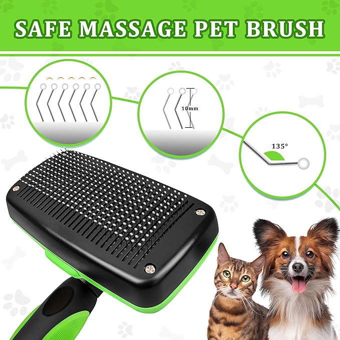 Qianruida Self Cleaning Slicker Brush for Grooming Long-haired or Short-haired Cats and Dogs Pet Brush for Shedding for Removing Undercoat and Tangled Hairs, Green
