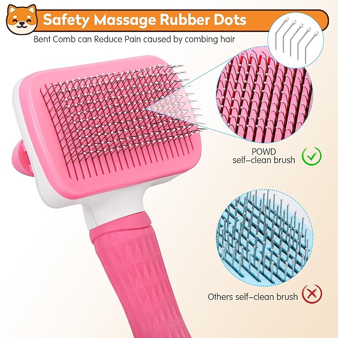 Self Cleaning Slicker Brush for Pets, Massaging & Grooming, Removes Loose Undercoat & Portable Comb for Long Short Haired Dogs & Cats (Pink)