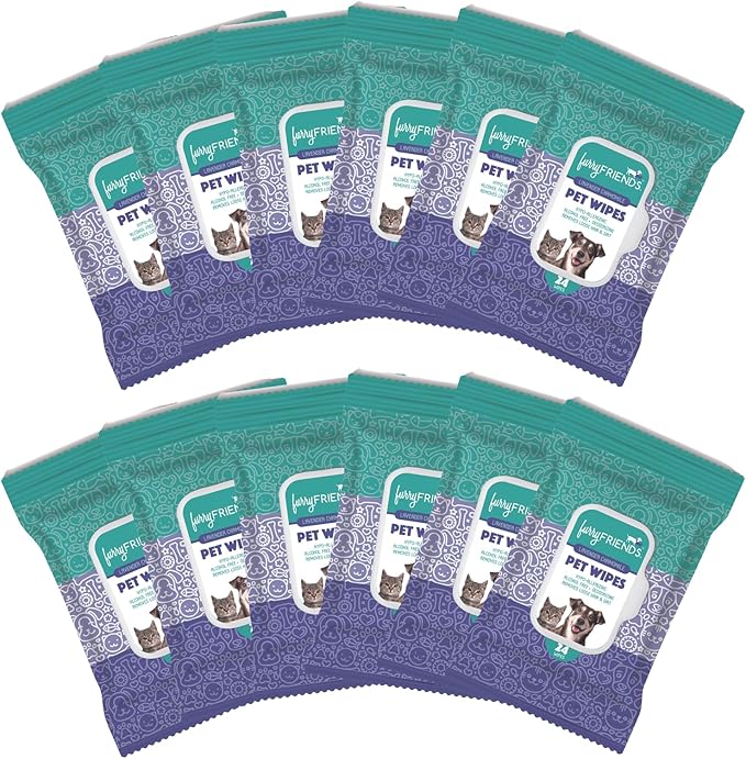 FurryFriends Pet Wipes | Lavender Chamomile Scented | Hypo-allergenic | Alcohol Free| Deodorizing | Removes Loose Hair & Dirt | Incredibly Clean | 12 Pack
