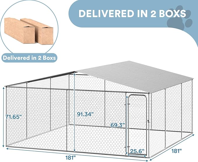 Rovibek 15'×15' Extra Large Outdoor Dog Kennel Dog Run Fence, Outside Dog Kennel with Roof, Heavy Duty Dog Playpen with Waterproof Sun-Proof Cover for Large Dogs