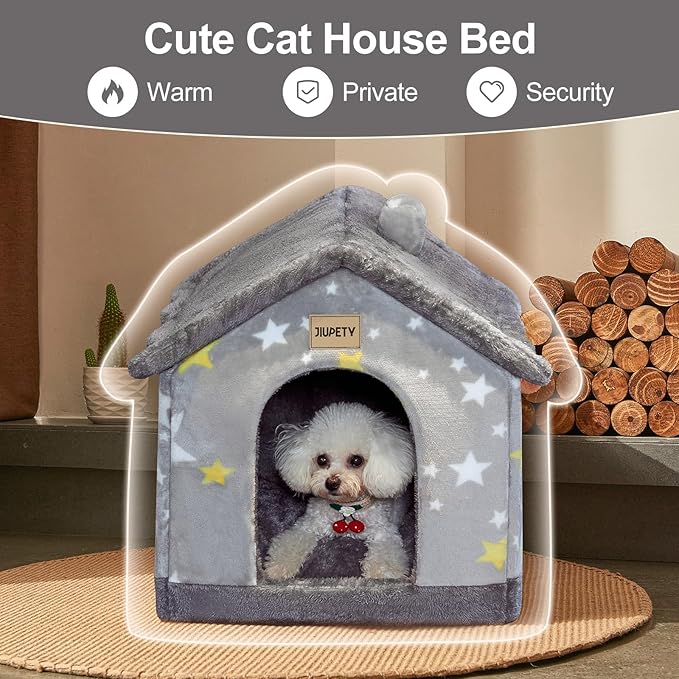 JIUPETY Cute Small Dog House Indoor, Foldable House Kennel Bed Mat with Cushion, L Size Dog Tent Up to 25 lbs, Dog Cave Bed with Non-Slip Bottom, Grey