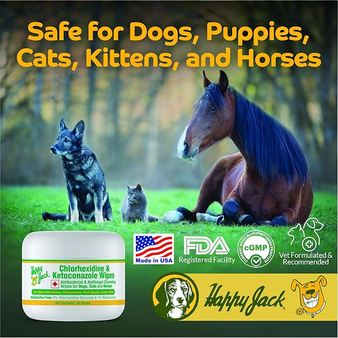 HAPPY JACK KetoHexidine Pet Wipes, Chlorhexidine Pads for Dogs & Cats with Ketoconazole, Cat Wipes for Acne, Wrinkles, Paws, Itchy Skin, 50 Ct