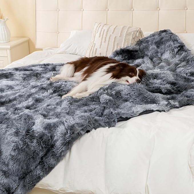 gogobunny Waterproof Dog Blankets for Medium Large Dogs, Soft Fluffy Long Faux Fur Calming Cat Blanket for Couch Bed, Warm Flannel Washable Furniture Protector (40x50 Inch (Pack of 1), Tie-dye Grey)