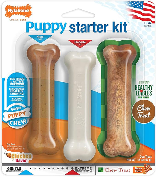 Nylabone Teething Puppy Chew Starter Kit, Two Puppy Chew Toys and Puppy Chew Treat, Puppy Supplies, Chicken & Bacon Flavor, Small/Regular (3 Count)