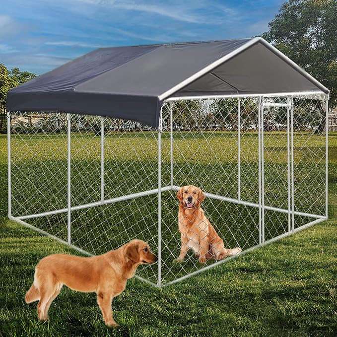 Large Dog Kennel 9.8X9.8FT, Large Outdoor Dog Kennel Heavy Duty Dog Cage with Waterproof UV-Resistant Cover Roof, Large Dog House Pen Enclosure, Silver