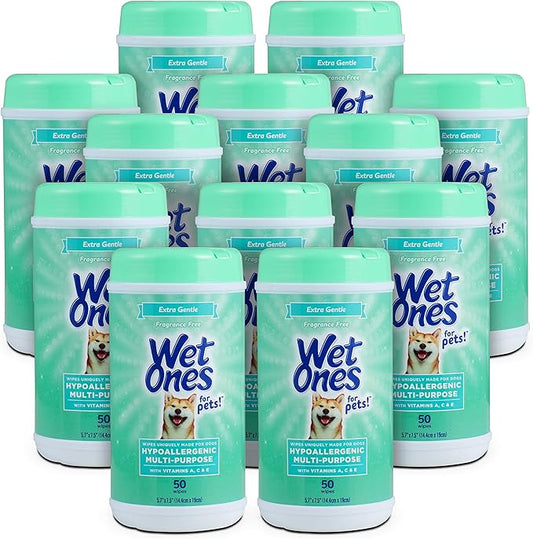 Wet Ones for Pets Hypoallergenic Multi-Purpose Dog Wipes with Vitamins A, C & E, 50 Count - 12 Pack | Fragrance-Free Hypoallergenic Dog Wipes for All Dogs Wipes Multipurpose (FF14365PCS12)