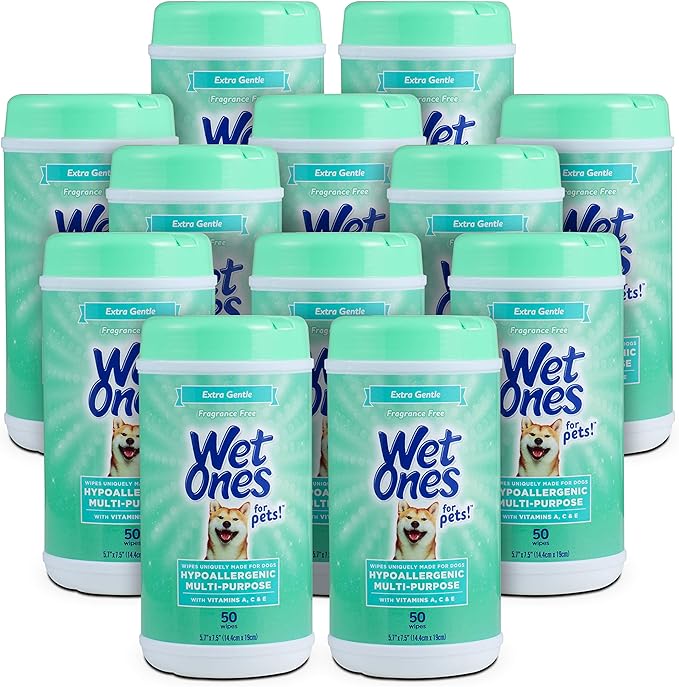Wet Ones for Pets Hypoallergenic Multi-Purpose Dog Wipes with Vitamins A, C & E, 50 Count - 12 Pack | Fragrance-Free Hypoallergenic Dog Wipes for All Dogs Wipes Multipurpose (FF14365PCS12)
