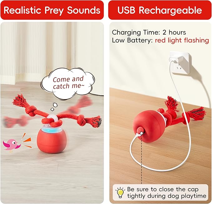 Potaroma Interactive Dog Ball Toys Touch Activated, Rechargeable, Squeaky Dog Toy, Moving Wicked Ball for Pup with Rope for Medium Small Dogs Puppy Dark Red