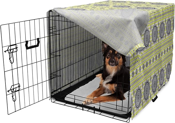 Lunarable Bohemian Mandala Dog Crate Cover, Floral Sun Motif on Brush Drawn Stripes with Dots, Easy to Use Pet Kennel Cover for Medium Large Dogs, 36 Inch, Night Blue Yellow