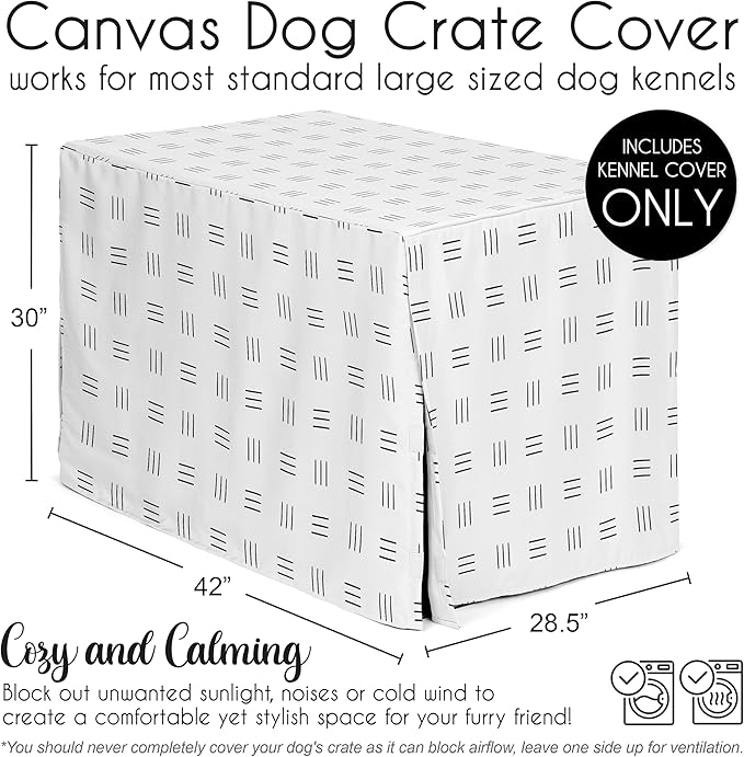 Sweet Jojo Designs White and Black Boho Mudcloth Dog Crate Cover – Kennel Covers for 42 Inch Pet Cage Medium/Large - Black and White Bohemian Minimalist Southwest Mud Cloth Hatch Neutral Triple Line
