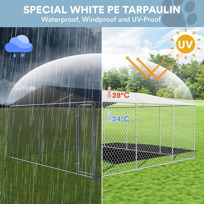 Rovibek 15'×15' Extra Large Dog Kennel Outside Dog Run Fence, Outdoor Dog Kennel with Roof, with Waterproof Sun-Proof Cover