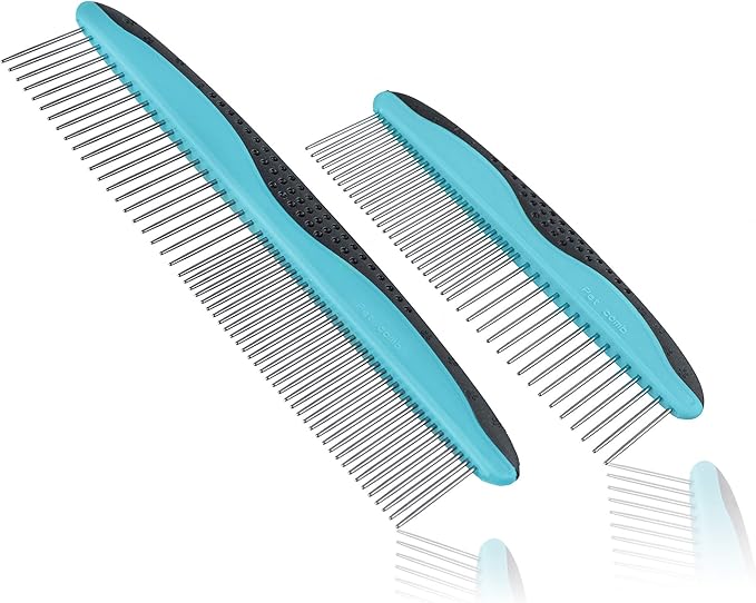 Pets First 2 Pack Dog Comb Small & Large PET Comb for Small & Large Breeds & Areas. Premium Anti-Slip Comfort Grip Ergonomic Handle for Your Dog & Cat with Durable Stainless-Steel
