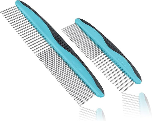 Pets First 2 Pack Dog Comb Small & Large PET Comb for Small & Large Breeds & Areas. Premium Anti-Slip Comfort Grip Ergonomic Handle for Your Dog & Cat with Durable Stainless-Steel