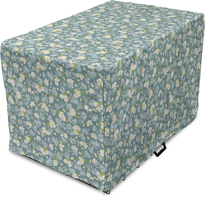 Lunarable Spring Dog Crate Cover, Pastel Tone Romantic Blossoming Flowers Pattern Vintage Garden Art, Easy to Use Pet Kennel Cover for Small Dogs Puppies Kittens, 22 Inch, Cadet Blue Eggshell