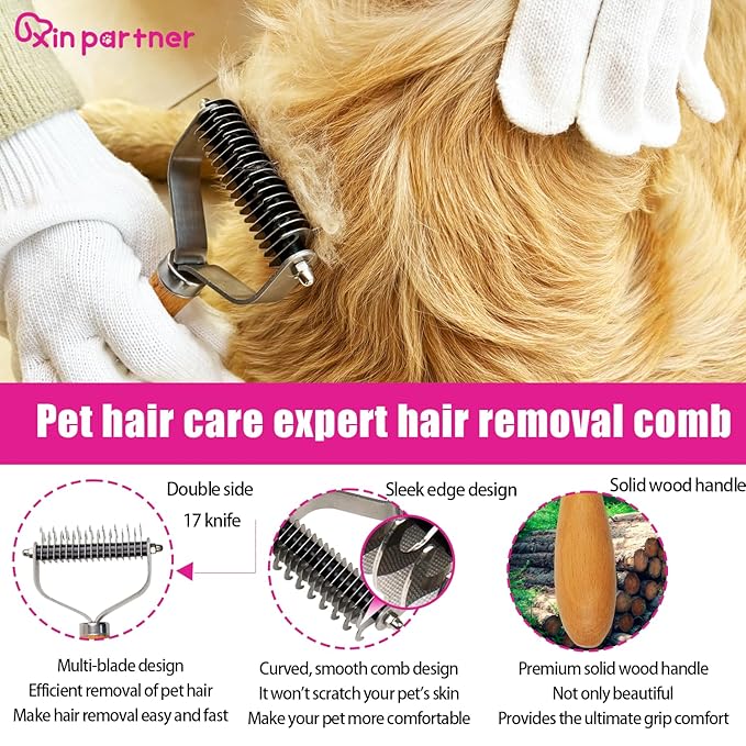 Pet Dematting Comb for Dogs and Cats with Wood Handle, Deshedding Undercoat Rake for Dogs with Stainless Steel Blades, Dog Comb for Detangling Thinning and Shedding, All Hair Types