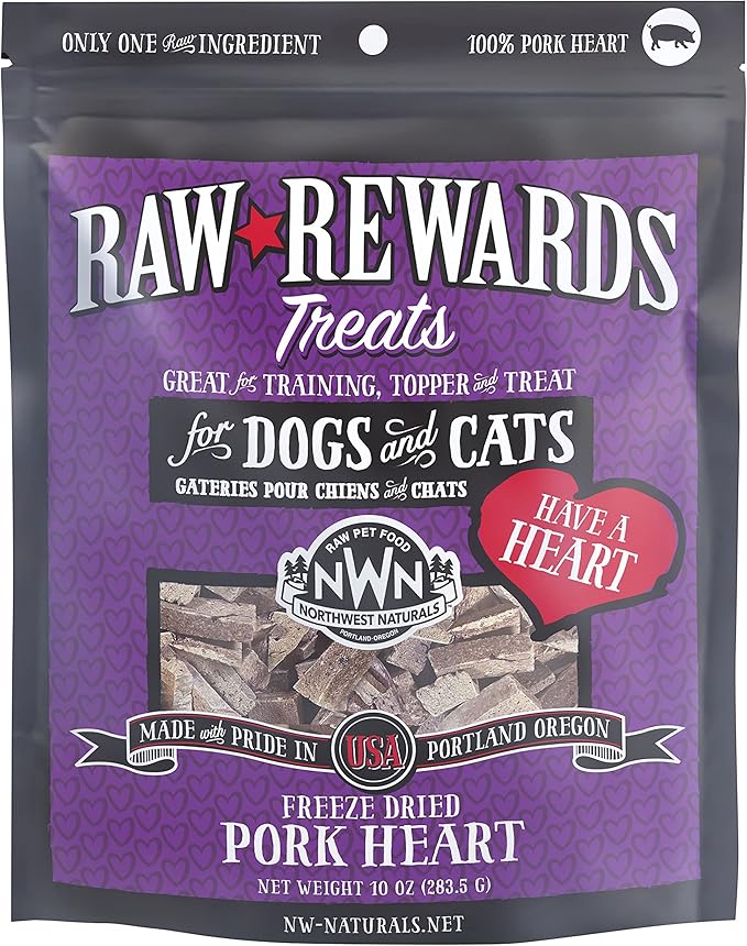 Northwest Naturals Raw Rewards Freeze-Dried Pork Heart Treats for Dogs and Cats - Bite-Sized Pieces - Healthy, 1 Ingredient, Human Grade Pet Food, All Natural - 10 Oz