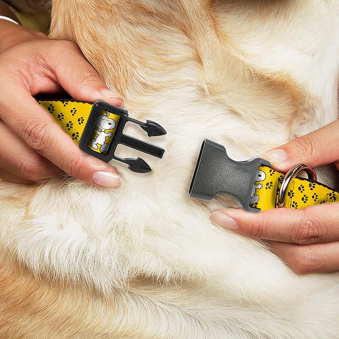 Peanuts Worldwide LLC Pet Collar, Dog Collar Plastic Buckle, Peanuts Snoopy Smiling Pose Paw Print Yellow Black White, 9.5 to 14.5 Inches 0.5 Inch Wide