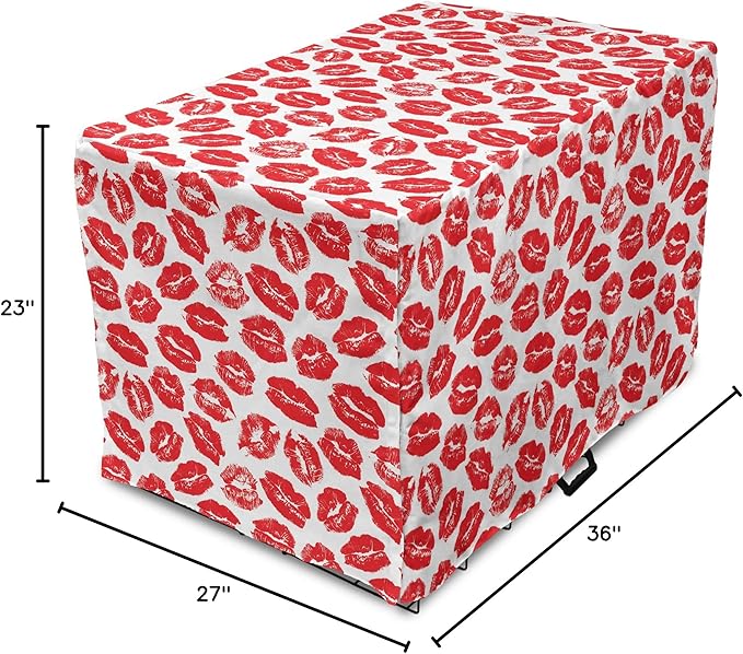 Lunarable Kiss Dog Crate Cover, Rhythmic Make up Red Luscious Lips Lipstick Imprint Illustration, Easy to Use Pet Kennel Cover for Medium Large Dogs, 36 Inch, Dark Pink and White